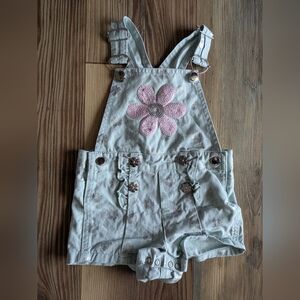 Little Lass Toddler Girl Green Pink Silver Floral Flower Denim Overall Shorts 24